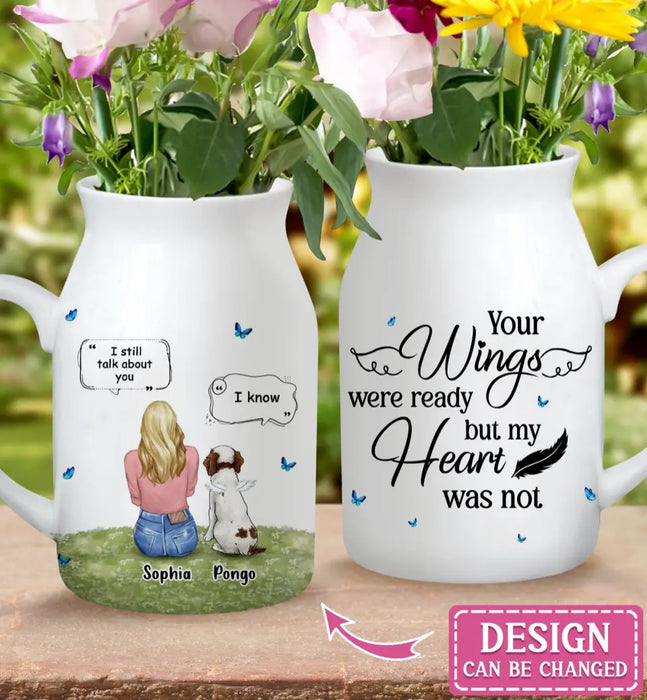 Custom Personalized Memorial Pet Ceramic Flower Vase - Couple With Upto 2 Kids And 4 Pets - Memorial Gift Idea For Pet Lover - The Moment Your Heart Stopped Mine Changed Forever