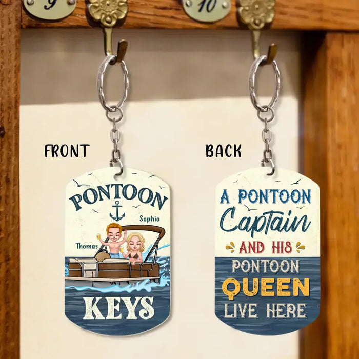 Personalized Pontoon Couple Aluminum Keychain - 
 Gift Idea For Couple/Him/Her/Pontoon Lovers - A Pontoon Captain And His Pontoon Queen Live Here