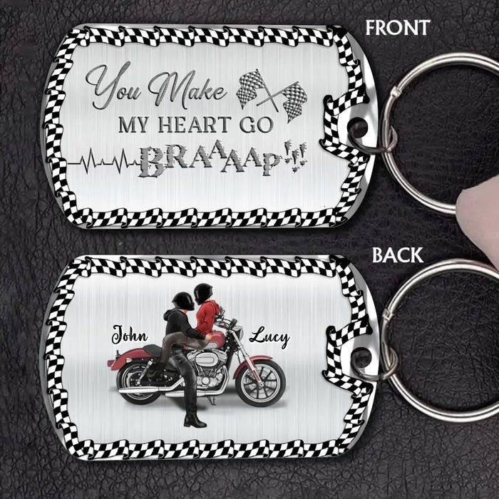 Personalized Riding Couple Aluminum Keychain - Gift Idea For Couple/Her/Him - You Make My Heart Go Braaaap!