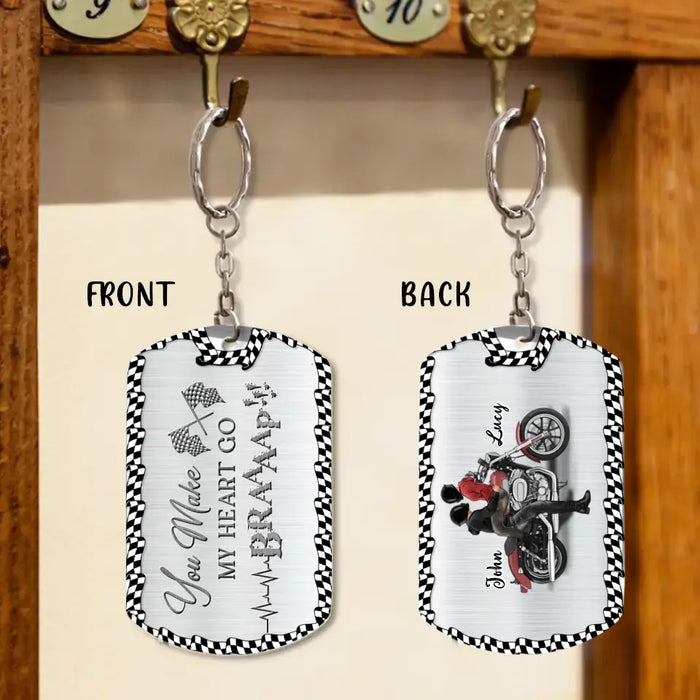 Personalized Riding Couple Aluminum Keychain - Gift Idea For Couple/Her/Him - You Make My Heart Go Braaaap!