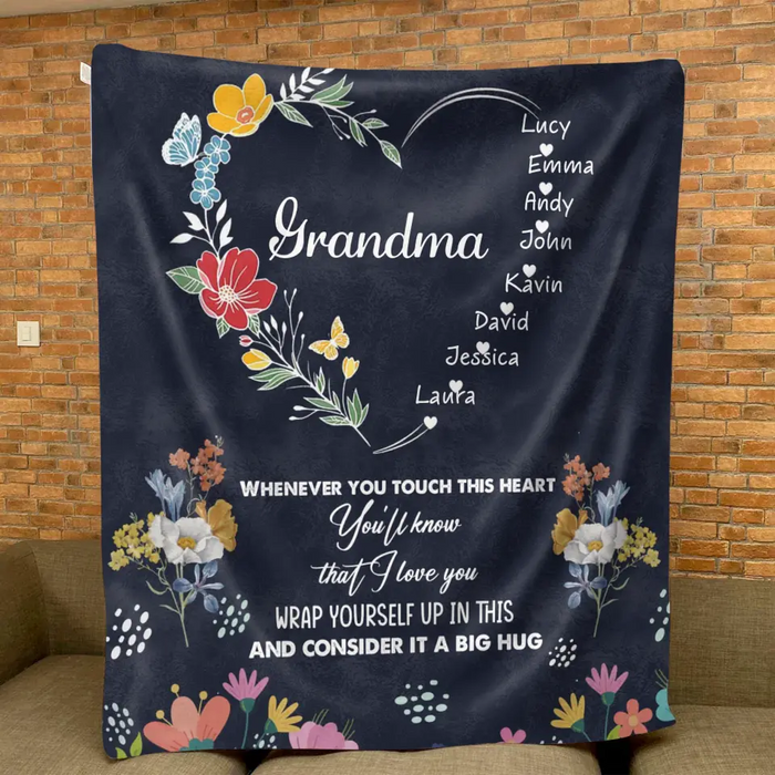 Personalized Grandma Heart Fleece Throw Blanket/Quilt - Up to 8 Grandkids - Gift Idea For Grandma/Mother's Day - Touch This Heart