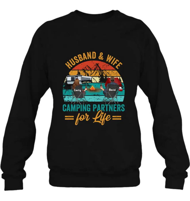 Custom Personalized Camping Shirt/Hoodie - Couple With Up to 2 Children & 3 Pets - Camping Lovers Gift Idea - Husband & Wife Camping Partners For Life