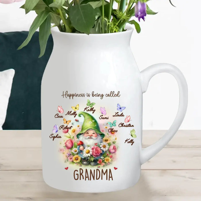 Personalized Grandma Mom Gnome Foldable Ceramic Flower Vase - Best Gift Idea For Grandma/Mother's Day - Upto 10 Kids - Happiness Is Being Called Grandma