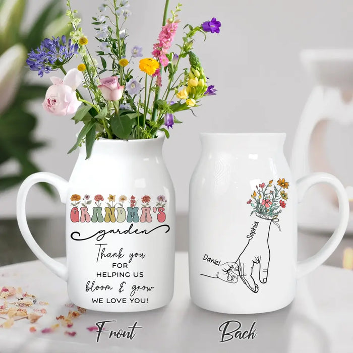 Custom Personalized Grandma's Garden Ceramic Flower Vase - Upto 6 Kids - Gift Idea For Grandma/ Mom/ Mother's Day - Thank You For Helping Us Bloom & Grow