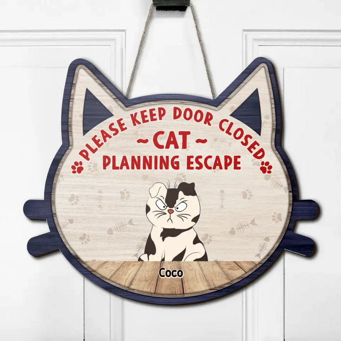 Custom Personalized Funny Cat Wooden Sign - Up to 6 Cats - Gift Idea For Cat Lover - Please Keep Door Closed Cats Planning Escape