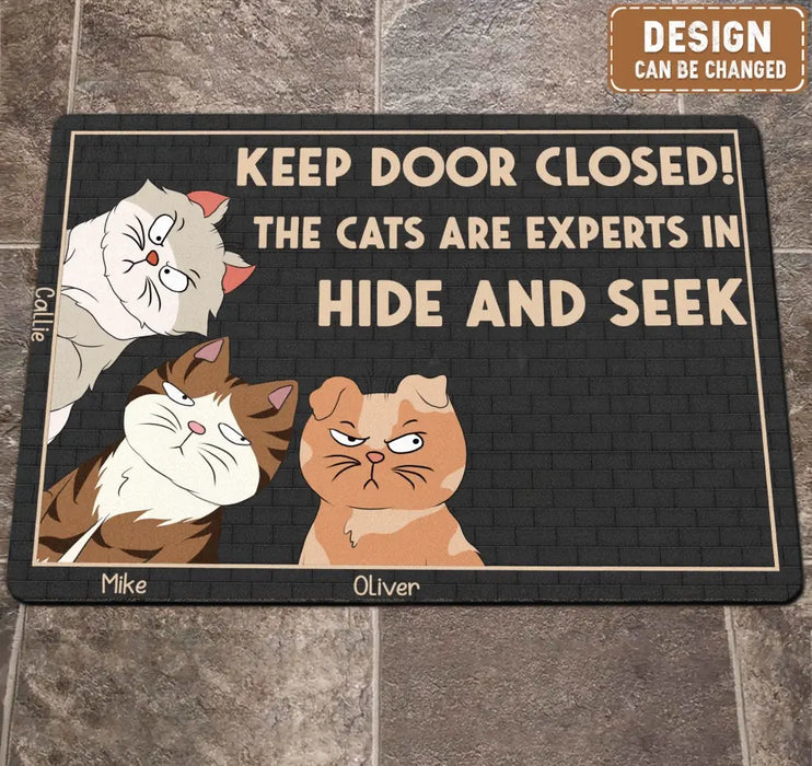 Custom Personalized Cat Doormat - Up to 6 Cats - Gift Idea For Cat Lover - Keep Door Closed! The Cats Are Experts In Hide And Seek