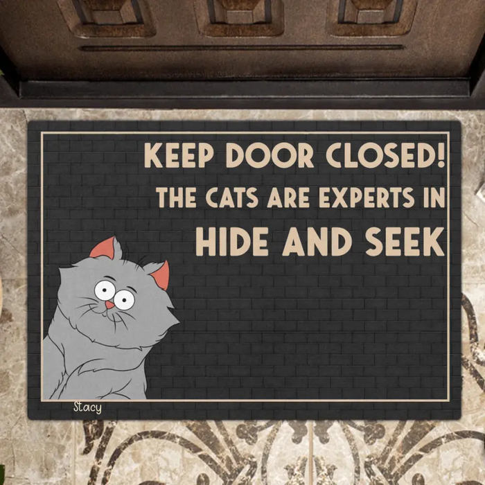 Custom Personalized Cat Doormat - Up to 6 Cats - Gift Idea For Cat Lover - Keep Door Closed! The Cats Are Experts In Hide And Seek