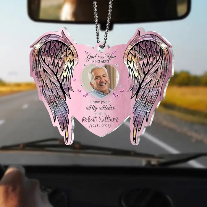 Custom Personalized Memorial Heart Wings Acrylic Ornament - Upload Photo - Memorial Gift Idea For Family Member/ Pet Lover - God Has You In His Arms I Have You In My Heart