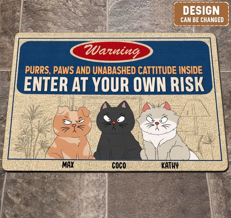 Custom Personalized Warning Cat Doormat - Up to 6 Cats - Gift Idea For Cat Lover - Wipe Paws And Leave Cattitude Outside Feline Overlords Rule Here!