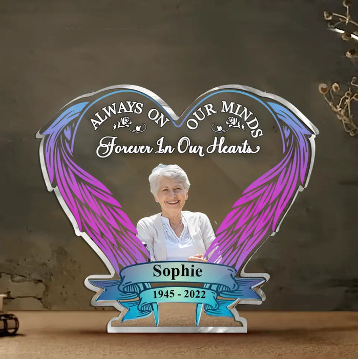 Custom Personalized Memorial Photo Wings Acrylic Plaque - Upload Photo - Memorial Gift Idea For Family Member - Always On Our Minds Forever In Our Hearts