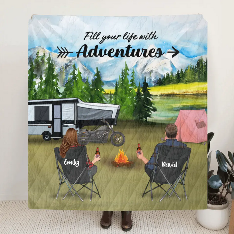 Personalized Camping Quilt/Fleece Throw Blanket - Couple/Parents With Up to 5 Kids And 4 Pets - Gift Idea For Camping Lover - Life Is Better Around The Campfire