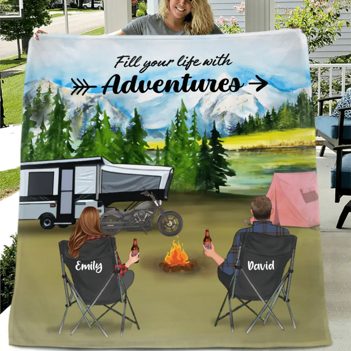 Custom Personalized Camping Quilt Blanket - Couple/ Parents With Upto 5 Kids And 4 Pets - Gift Idea For Camping Lover - Life Is Better Around The Campfire