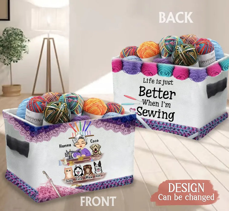 Personalized Sewing Woman With Pets Storage Box - Mother's Day Gift For Mom/Grandma With Up To 6 Pets - I Crochet Because Punching People Is Frowned Upon