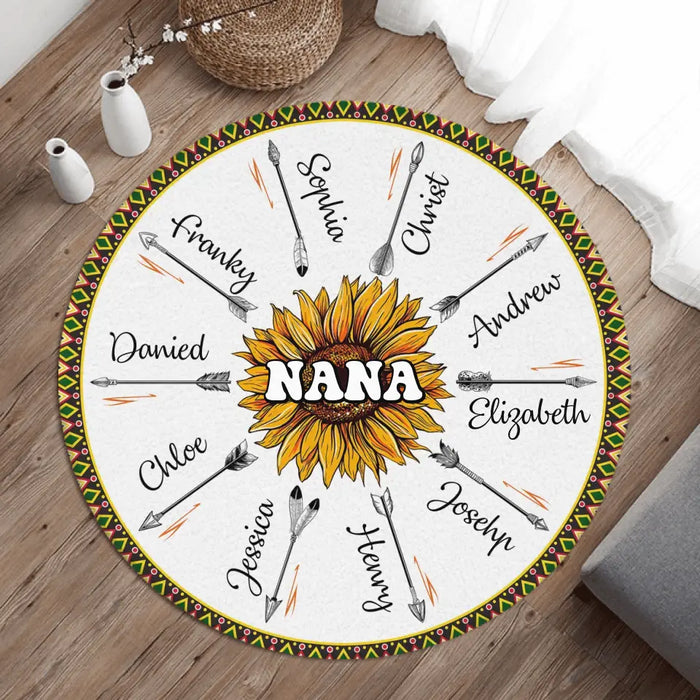 Custom Personalized Grandma Mom Sunflower With Arrow Grandkids Round Rug - Upto 10 Kids - Gift Idea For Grandma/ Mom/ Mother's Day