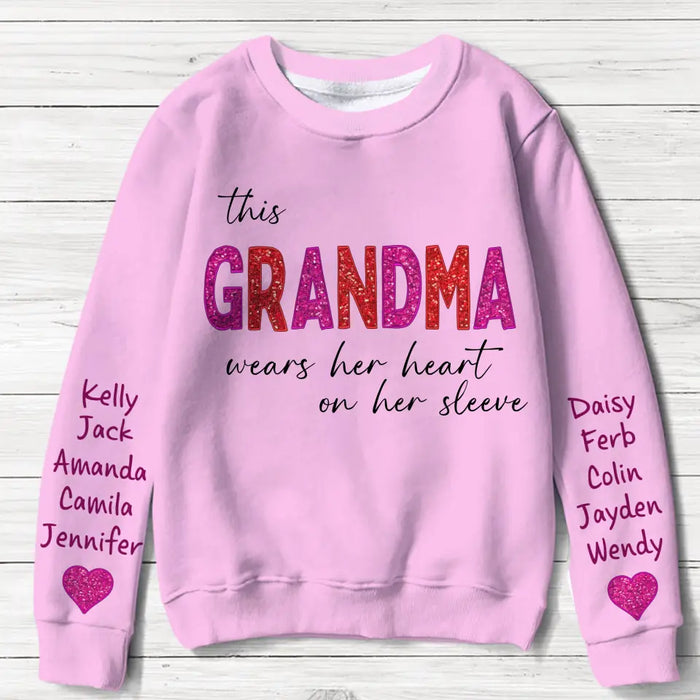Custom Personalized Heart AOP Sweater - Upto 10 Names - Mother's Day Gift Idea for Mom/Grandma - This Grandma Wears Her Heart On Her Sleeve