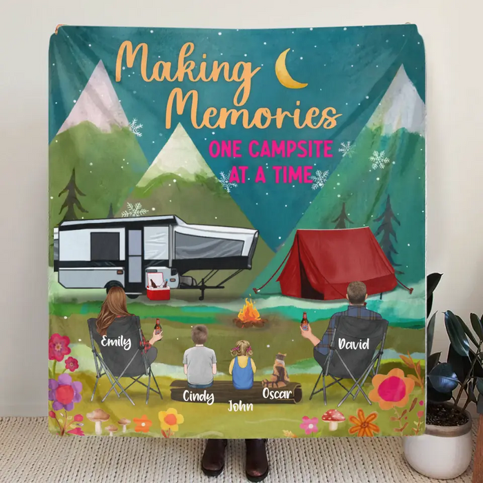 Custom Personalized Camping Quilt/Fleece Throw Blanket - Gift Idea For Family/Camping Lover - Couple/ Parents/ Single Parent With Up to 3 Kids And 4 Pets - Making Memories One Campsite At A Time