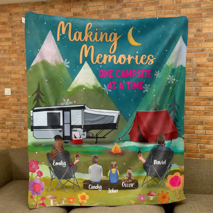 Custom Personalized Camping Quilt/Fleece Throw Blanket - Gift Idea For Family/Camping Lover - Couple/ Parents/ Single Parent With Up to 3 Kids And 4 Pets - Making Memories One Campsite At A Time