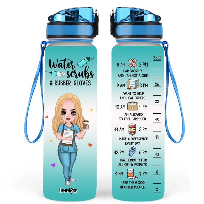 Personalized Nurse Water Tracker Bottle - Gift Idea For Nurse/ Friend - Water Scrubs & Rubber Gloves