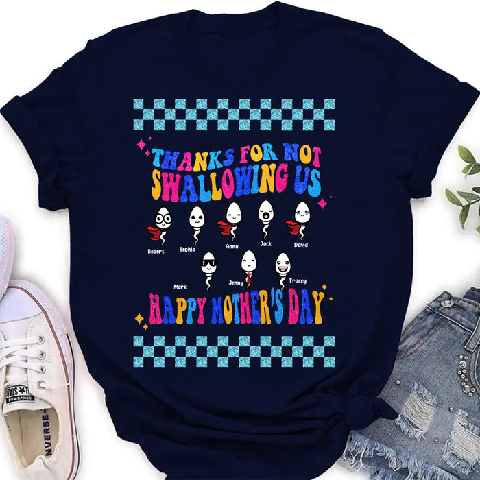 Custom Personalized Mom Shirt/ Hoodie - Upto 8 Children - Gift Idea For Mother's Day - Thanks For Not Swallowing Us Happy Mother's Day