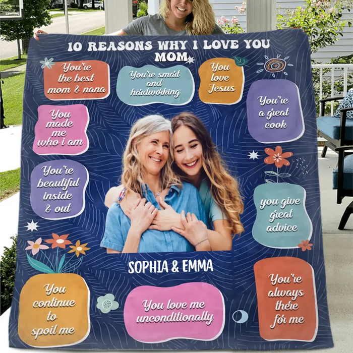 Custom Personalized Photo Quilt/Fleece Throw Blanket - Mother's Day Gift Idea for Mom/Grandma - 10 Reasons Why I Love You