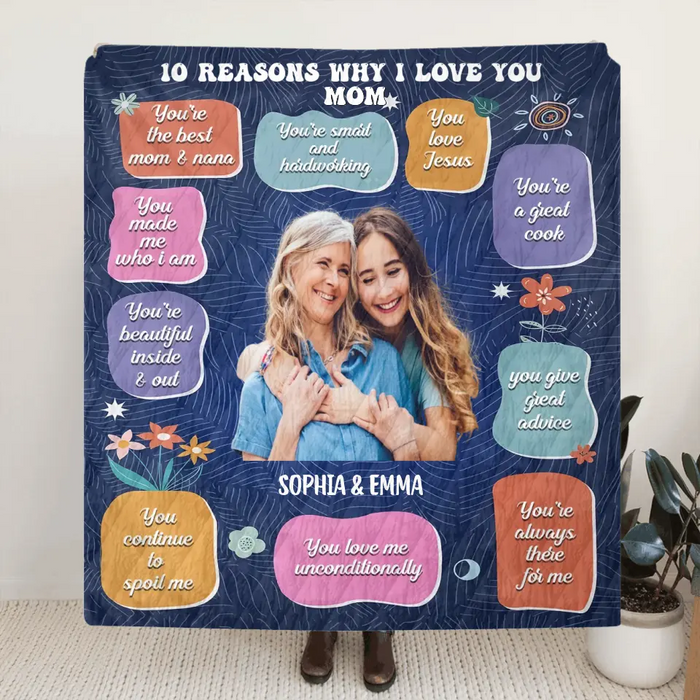 Custom Personalized Photo Quilt/Fleece Throw Blanket - Mother's Day Gift Idea for Mom/Grandma - 10 Reasons Why I Love You