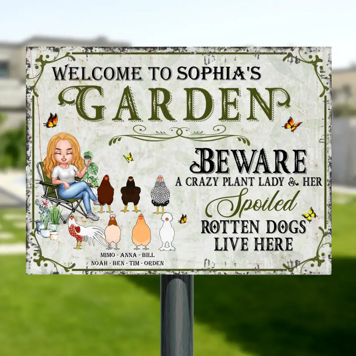 Personalized Pet Mom Metal Sign - Up to 10 Pets - Mother's Day Gift Idea For Dog/Cat/Chicken Lover - Beware A Crazy Plant Lady & Her Spoiled Rotten Dog Live Here