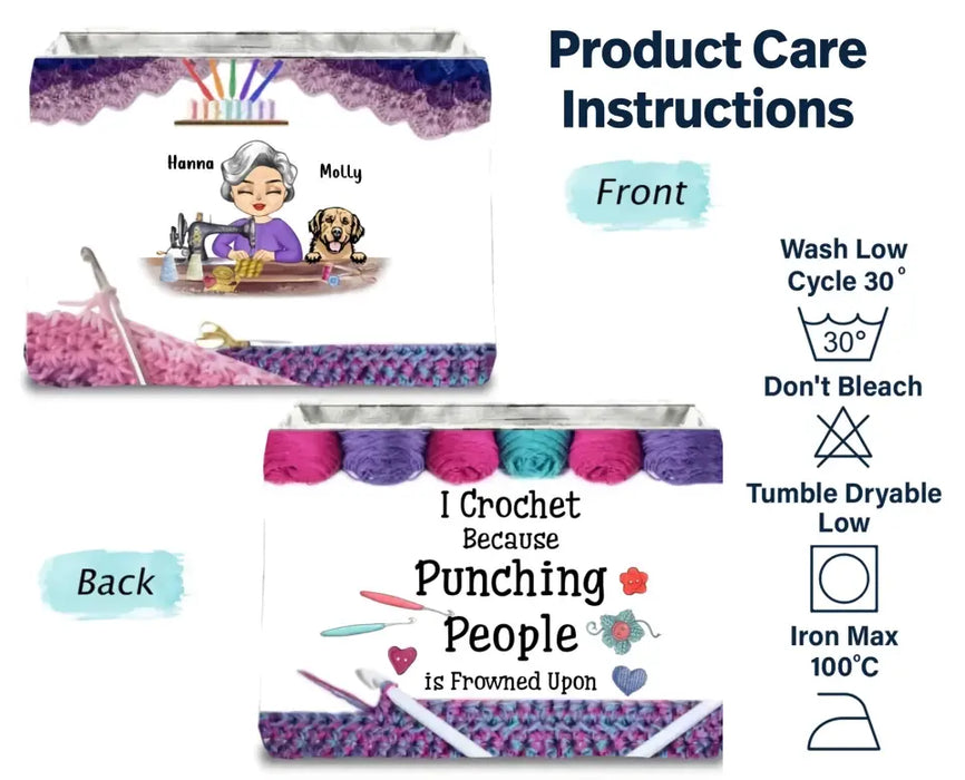 Personalized Sewing Woman With Pets Storage Box - Mother's Day Gift For Mom/Grandma With Up To 6 Pets - I Crochet Because Punching People Is Frowned Upon