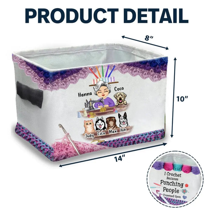 Personalized Sewing Woman With Pets Storage Box - Mother's Day Gift For Mom/Grandma With Up To 6 Pets - I Crochet Because Punching People Is Frowned Upon