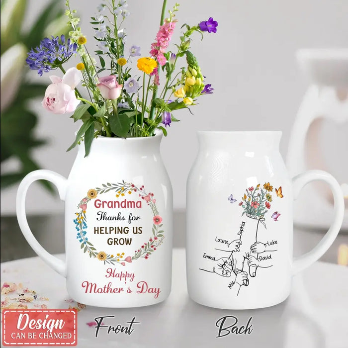 Custom Personalized Grandma's Garden Ceramic Flower Vase - Upto 10 Kids - Gift Idea For Grandma/ Mom/ Happy Mother's Day - Thank You For Helping Us Grow