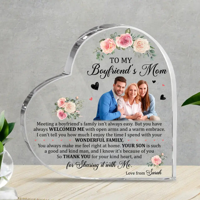 Custom Personalized To My Boyfriend's Mom Heart-Shaped Acrylic Plaque - Upload Photo - Mother's Day Gift Idea For Boyfriend's Mom - Thank You