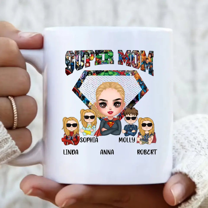 Custom Personalized Super Mom Coffee Mug - Upto 4 Kids - Gift Idea For Grandma/Mother's Day
