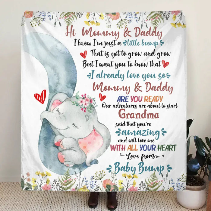 Custom Personalized Elephant Quilt/Fleece Throw Blanket - Gift Idea For New Mom/ Dad - Hi Mommy Daddy