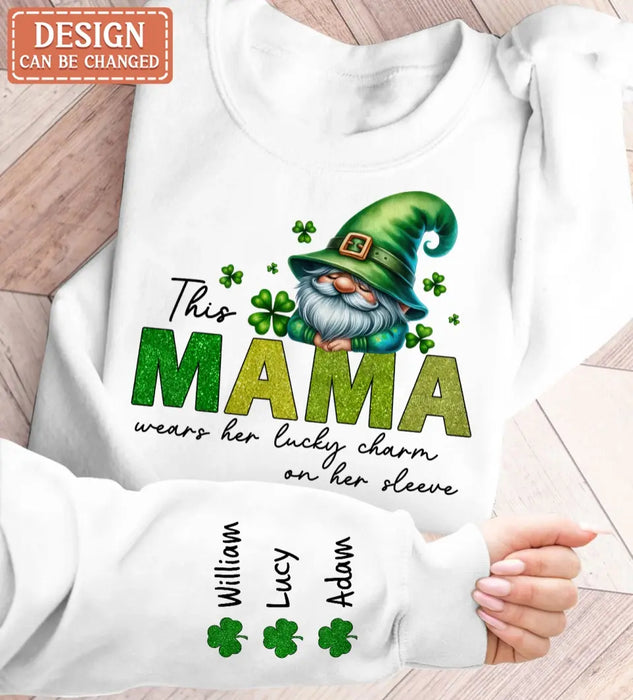 Personalized Grandma Gnome AOP Sweater - Up to 10 Names - St Patrick's Day Gift Idea for Mom/Grandma - This Grandma Wears Her Lucky Charm On Her Sleeve
