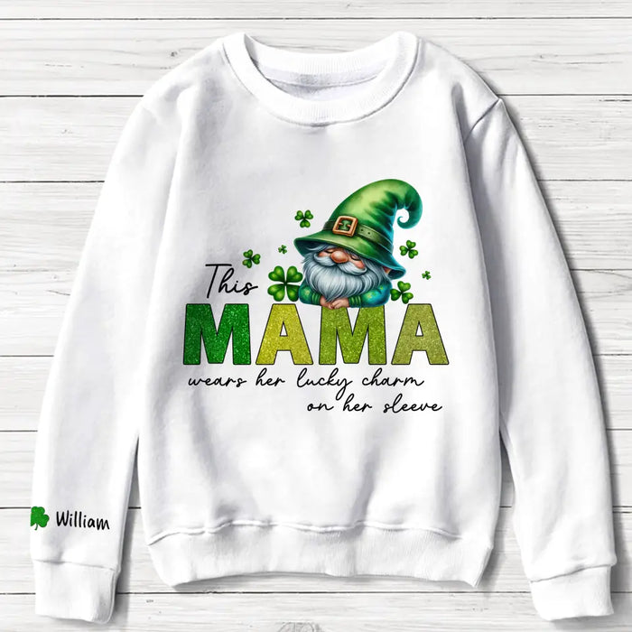 Personalized Grandma Gnome AOP Sweater - Up to 10 Names - St Patrick's Day Gift Idea for Mom/Grandma - This Grandma Wears Her Lucky Charm On Her Sleeve