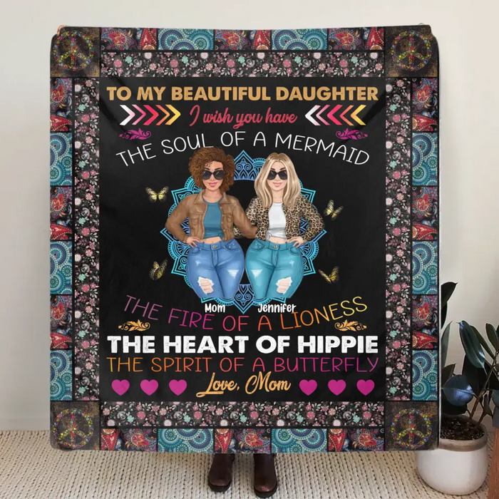 Custom Personalized Mom & Daughter Quilt/ Fleece Throw Blanket - Mother's Day Gift Idea To Mom - I Wish You Have The Soul Of A Mermaid