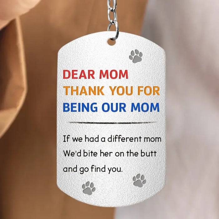 Personalized Lying Dog Mom Aluminum Keychain - Gift For Mother's Day/Dog Lovers - Upto 7 Dogs - Forget Mother's Day We Woof You Every Day