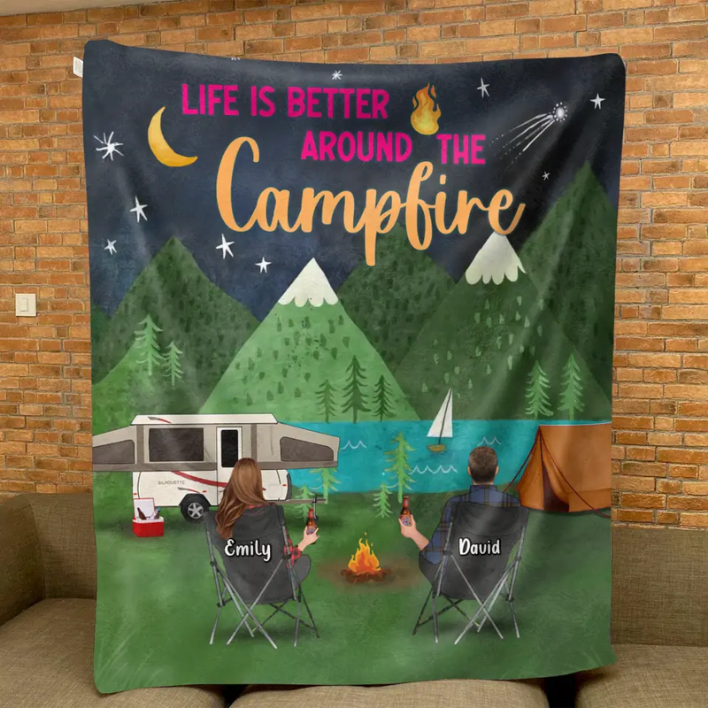 Personalized Camping Quilt/Fleece Throw Blanket - Gift Idea For Family Camping Lover - Couple/Single Parent With Up to 5 Kids & 4 Pets - Life Is Better Around The Campfire