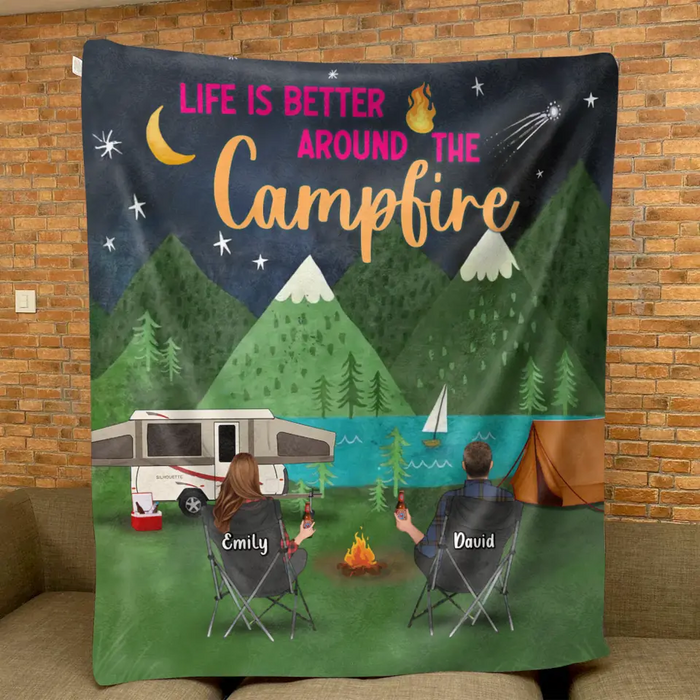 Custom Personalized Camping Quilt/Fleece Throw Blanket - Gift Idea For Family/Camping Lover - Couple/ Parents/ Single Parent With Up to 5 Kids And 4 Pets - Life Is Better Around The Campfire