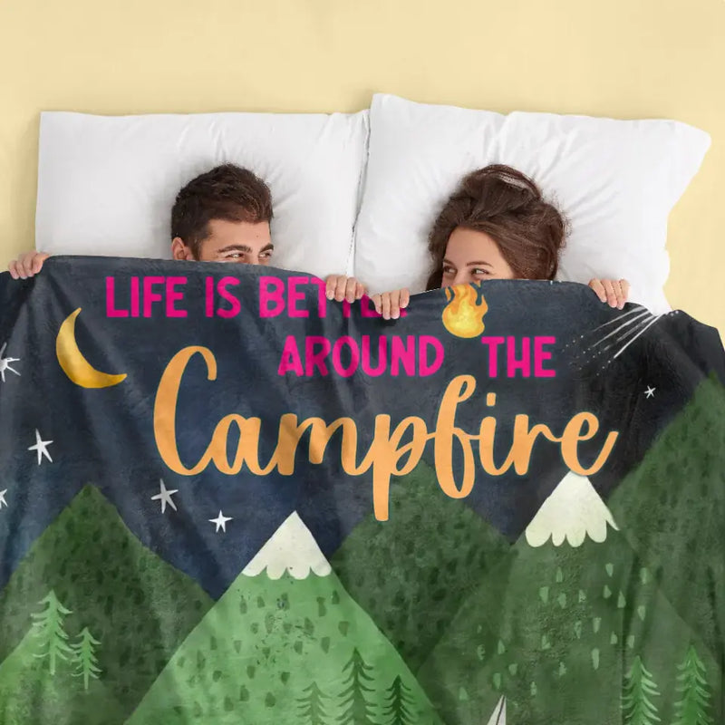 Personalized Camping Quilt/Fleece Throw Blanket - Gift Idea For Family Camping Lover - Couple/Single Parent With Up to 5 Kids & 4 Pets - Life Is Better Around The Campfire