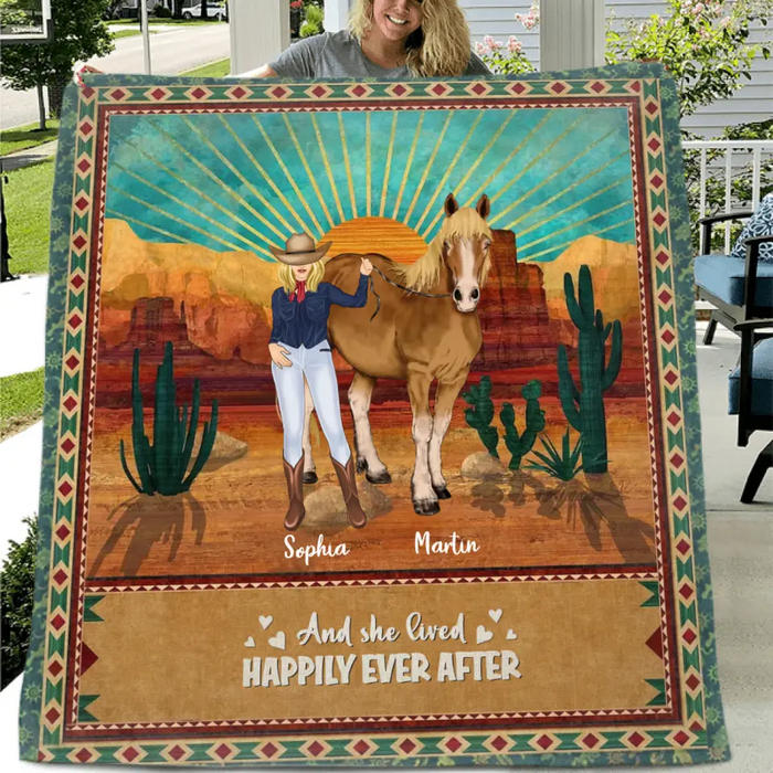 Custom Personalized Horse Girl Quilt/Single Layer Fleece Blanket - Gift Idea For Girl/Horse Lovers - Upto 5 Horses - And She Lived Happily Ever After