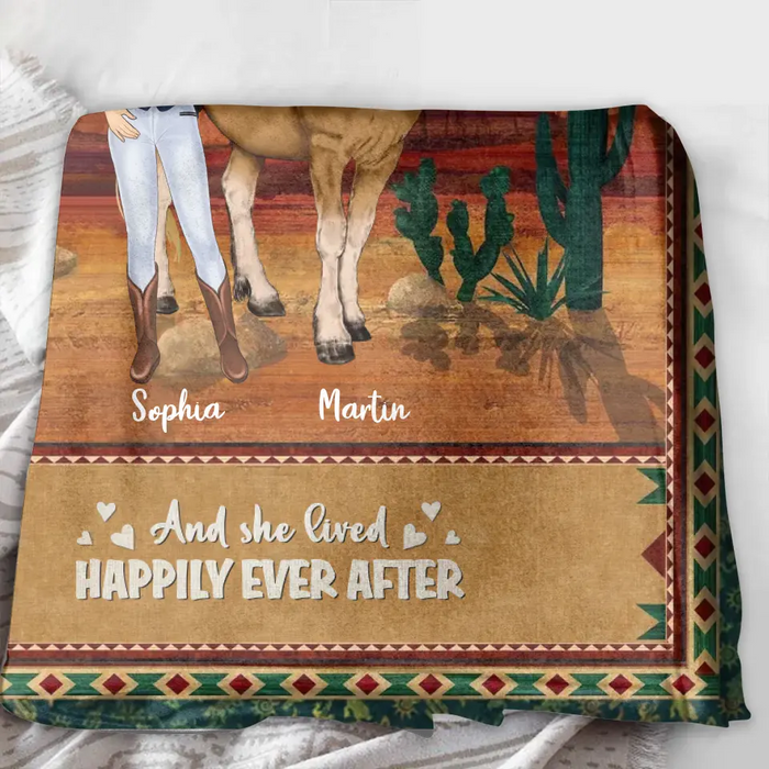 Custom Personalized Horse Girl Quilt/Single Layer Fleece Blanket - Gift Idea For Girl/Horse Lovers - Upto 5 Horses - And She Lived Happily Ever After