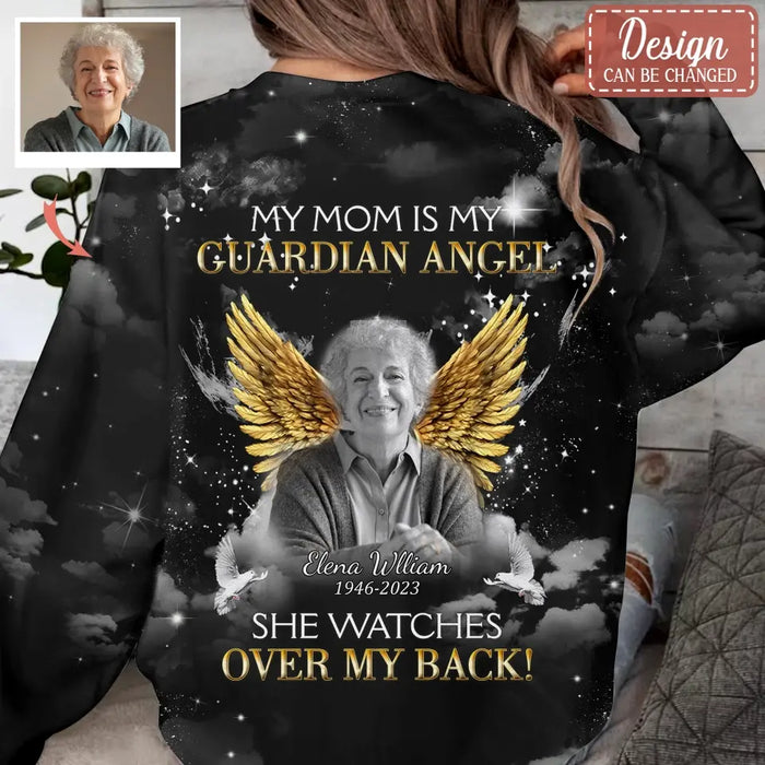 Custom Personalized Memorial Mom AOP Sweater - Upload Photo - Memorial Gift Idea For Family Member/ Mother's Day - My Mom Is My Guardian Angel She Watches Over My Back