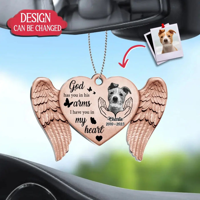 Custom Personalized Memorial Dog Heart Wings Acrylic Car Ornament - Memorial Gift For Pet Lover - Upload Photo - God Has You In His Arms I Have You In My Heart