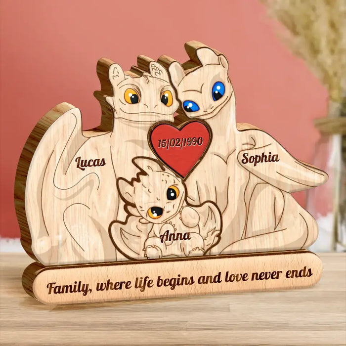 Custom Personalized Dragon Family Wooden Puzzle - Parents with up to 3 Children - Gift Idea For Mother's Day/Father's Day