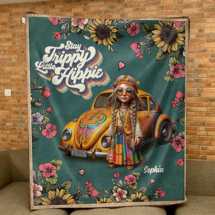 Custom Personalized Hippie Girl Quilt/Fleece Throw Blanket - Holidays Vintage Inspirational Sublimation Gift Idea - Stay Trippy Little Hippie