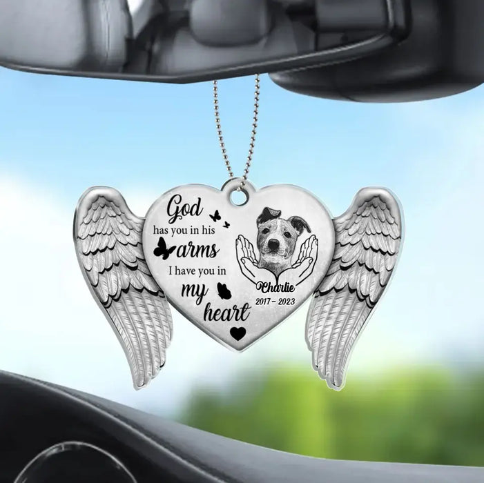 Custom Personalized Memorial Dog Heart Wings Acrylic Car Ornament - Memorial Gift For Pet Lover - Upload Photo - God Has You In His Arms I Have You In My Heart