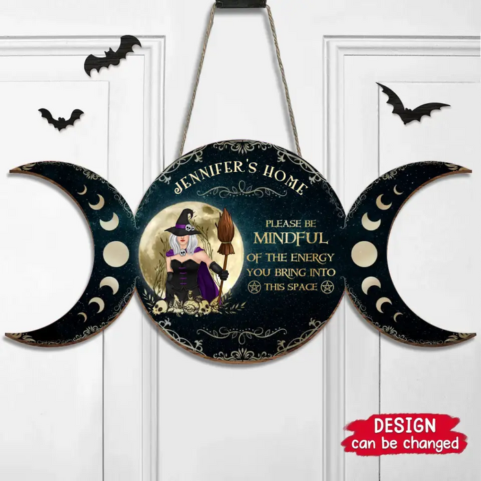 Custom Personalized Witch Wooden Sign - Halloween Gift Idea/ Home Decor/ Kitchen Wicca - Please Be Mindful Of The Energy You Bring Into This Space