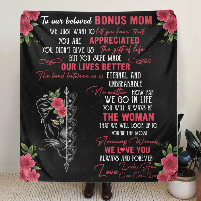 Custom Personalized Mom & Children Quilt/ Fleece Throw Blanket - Mother's Day Gift Idea To Mom - Upto 5 Children - To Our Beloved Bonus Mom