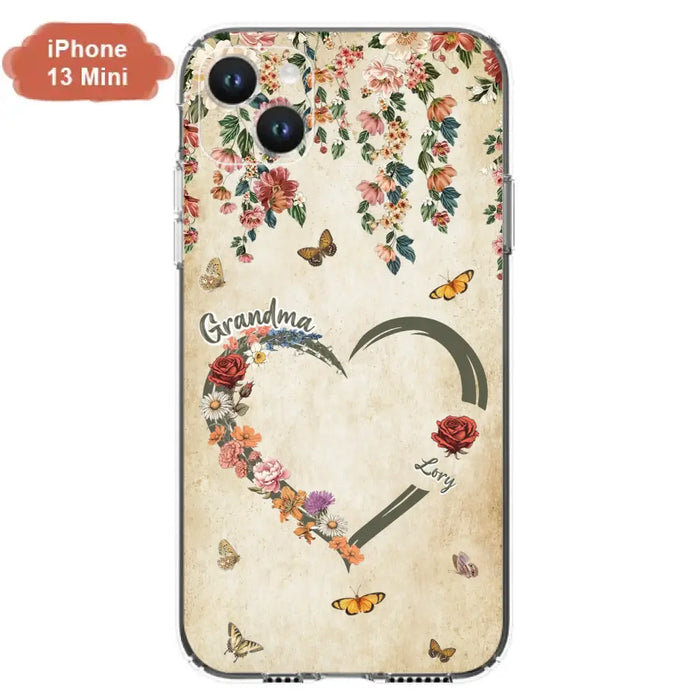 Custom Personalized Floral Heart Grandma Mom Vintage Birth Month Flower Phone Case - Up to 10 Kids - Mother's Day Gift Idea for Mom/Grandma - Case For iPhone/ Samsung