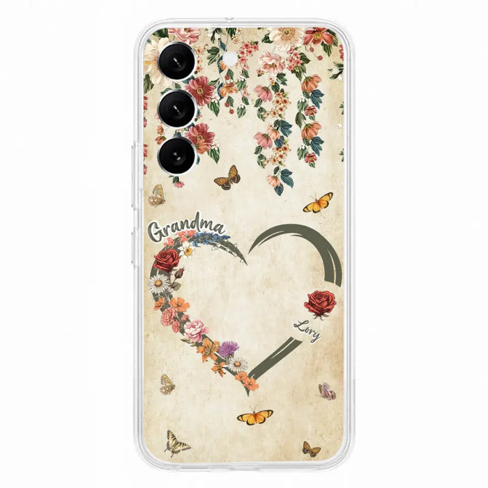 Custom Personalized Floral Heart Grandma Mom Vintage Birth Month Flower Phone Case - Up to 10 Kids - Mother's Day Gift Idea for Mom/Grandma - Case For iPhone/ Samsung